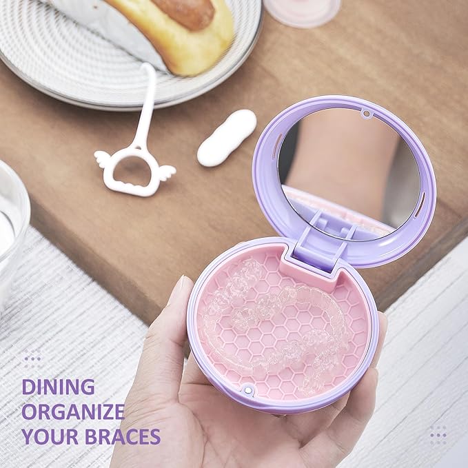 Retainer Case with Mirror,Slim Aligner Case with Vent Holes,Cute Dental Brace Box with Retainer Removal Tool and Brush (Purple Pink)