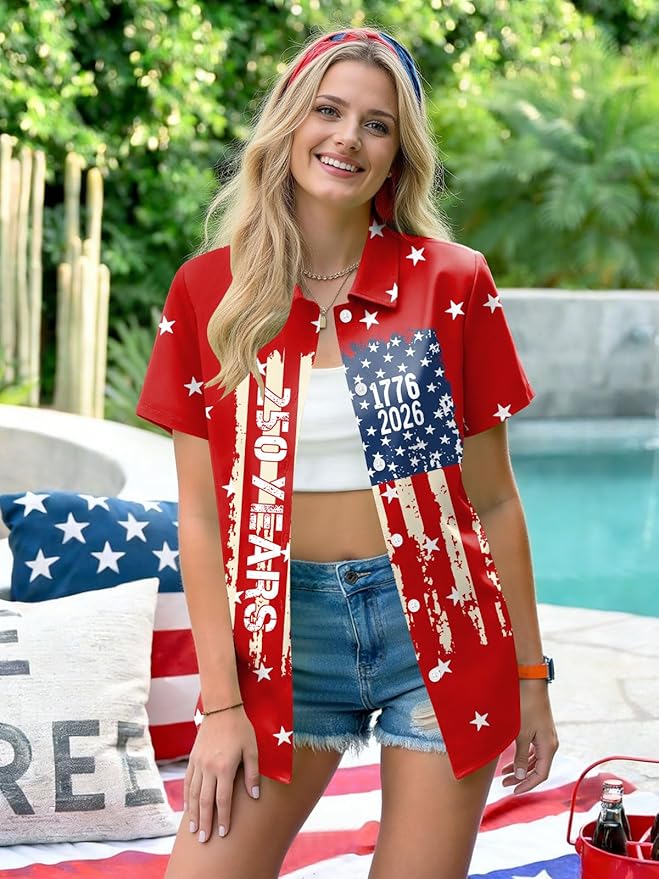4th of July Shirts Women American Flag Patriotic Shirt Independence Day Short Sleeve Button Down Outfits