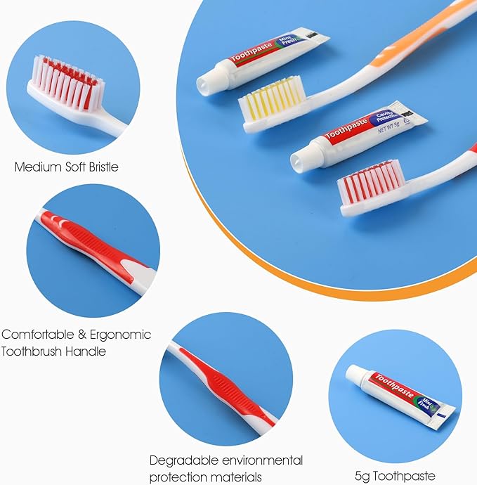 HOMVLE 100 Packs Disposable Toothbrushes with Toothpaste, Individually Wrapped Buld Toothbrush and Toothpaste Buld for Travel Size Toiletries, OCC, Airbnb, Dentist, Office/4 Colorful
