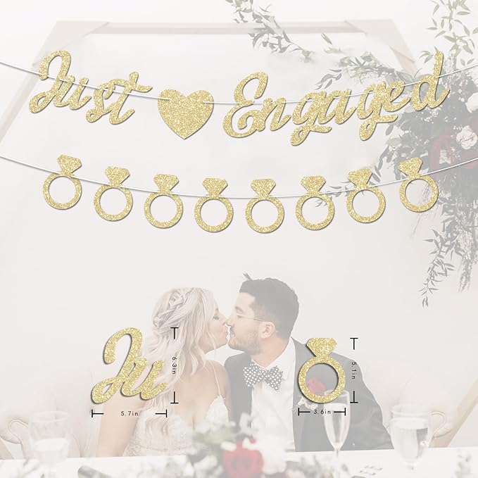 Just Engaged Banner, No DIY, Glitter Champagne Gold Engagement Party Decorations and Diamond Ring Banner Sign for Bridal Shower Wedding Shower Bachelorette Party Decorations.
