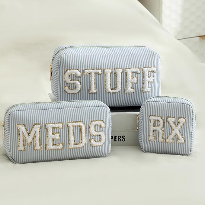 uekeboag Seersucker Chenille Letter Stuff Meds RX Makeup Bag, Travel Washable Purse Organizer with Zipper, Lightweight Toiletry Cute Personalized Preppy Cosmetic Bag For Women and Girls(3pcs Blue)