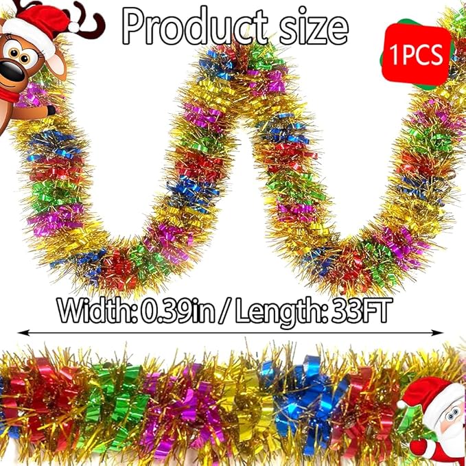 33 Ft Christmas Tinsel Garland Shiny Thick Metallic Twist Foil Xmas Tree Decorations for New Year Parties Birthday Party Teachers Day Easter Parade Floats Indoor Outdoor Hanging Decor Supplies