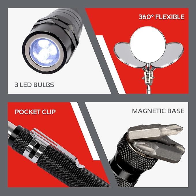 CTR 5PCS Telescoping Magnetic Pickup Tool Kit with Super Bright COB LED Square Inspection Mirror, Flexible Magnet Flashlight, Adjustable Inspection Tool with Long Handle - Best Gadgets Gifts for Men