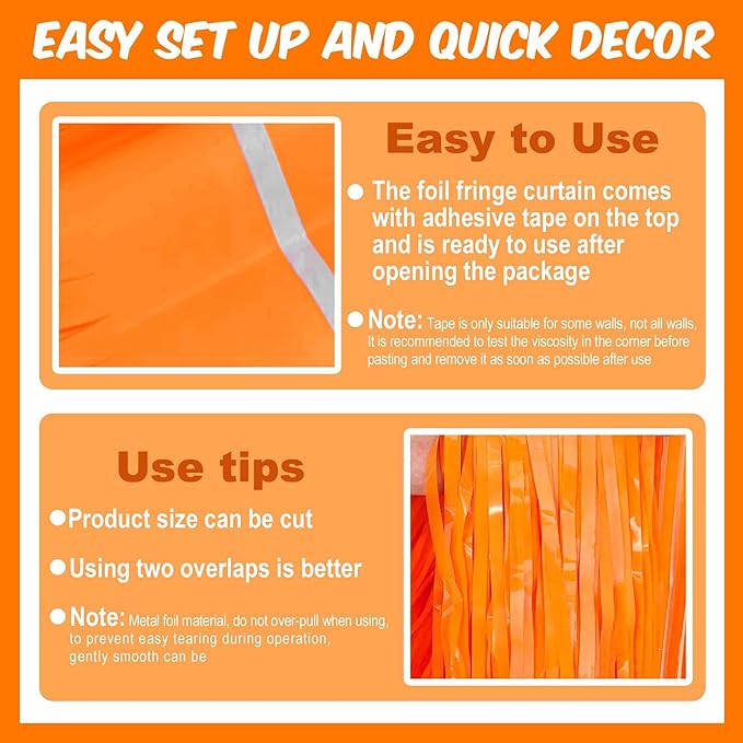 6 Pack Macaron Orange Foil Fringe Curtains Backdrop, 3.28 x 8.2 Ft Metallic Streamers Tinsel Curtains Background for Photo Booth, Birthday, Christmas, Halloween, New Year Party Decorations