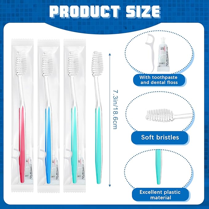 Maxcheck 100 Sets Disposable Toothbrushes Bulk with Toothpaste and Dental Floss Individually Wrapped Travel Toothbrush Set Homeless Supplies for Hotel Guest