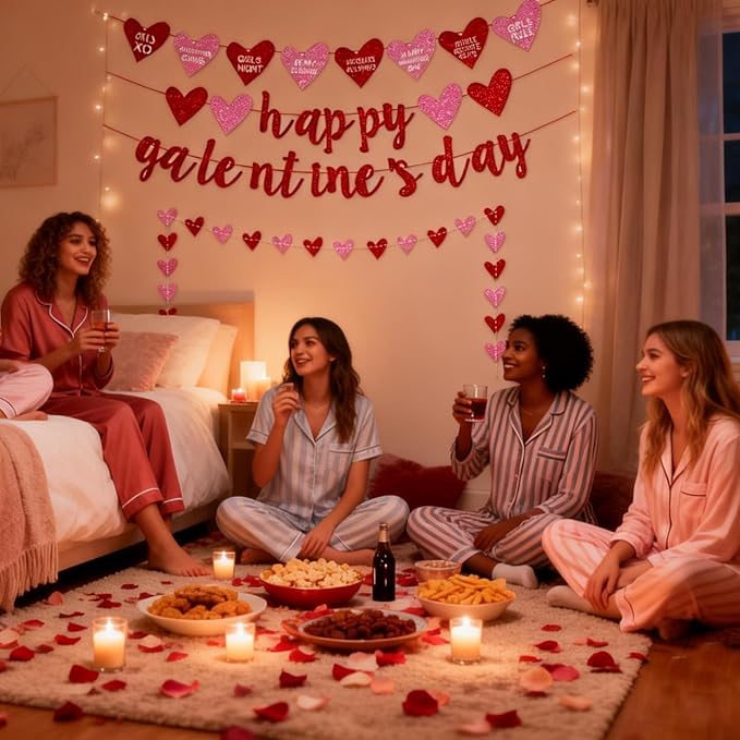 Deneo Happy Galentine's Day Banner, Red Glittery Galentine’s Day Decorations with Heart Garland Banner, Ladies Girls Happy Valentine’s Day Party Decorations Photo Prop