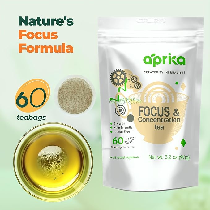 AprikaLife - Focus and Concentration Herbal Tea 100% Natural Herbal Tea Created by Herbalists - Yerba-Mate, Lemon Balm, Ginko Biloba, Thyme, Rosemary. Improves Attention & Energy – 60 Bags