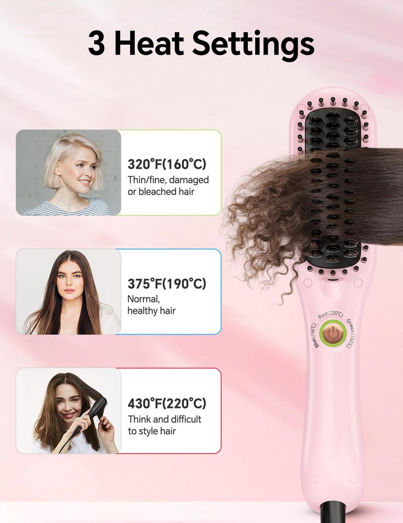 LANDOT Mini Hair Straightening Brush – Portable Heated Ionic Straightener Brush for Short to Medium Hair, 30s Fast Heat, Lightweight Hot Comb for Travel, Blush Pink