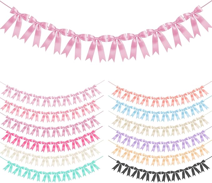 Barbie Pink Bow Garland Bow Banner Bow Party Decorations Pre-Strung Large Coquette Satin Ribbon for Birthday Bachelorette Party Bridal Shower Wedding Engagement Baby Shower