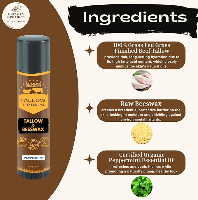 Pure Tallow Lip Balm | 100% Grass-Fed Beef Tallow and Organic Beeswax | Moisturizing Lip Care for Dry, Chapped Lips | Hypoallergenic, Fragrance-Free | Handcrafted in USA | 4-Pack (Peppermint)