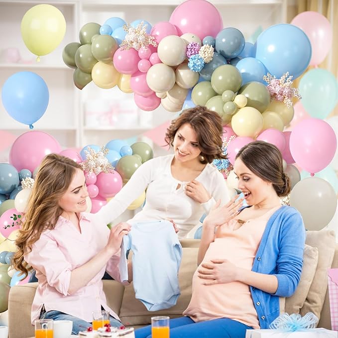 FunHot Blue Pink Yellow Balloon Arch Kit, Pastel Balloon Garland with Baby Pink Light Fog Blue Yellow Sage Green Ivory White Balloons for Baby Shower Gender Reveal Wedding Birthday Party Decorations