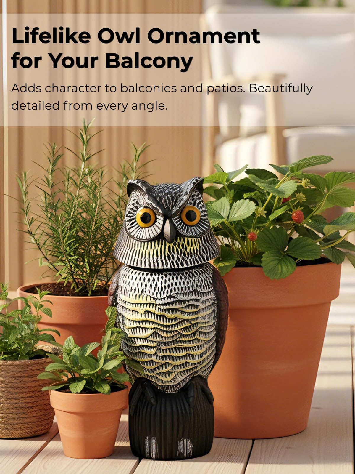 Garden Fake Owl Sculpture with 360° Rotating Head, Waterproof Garden Owl
