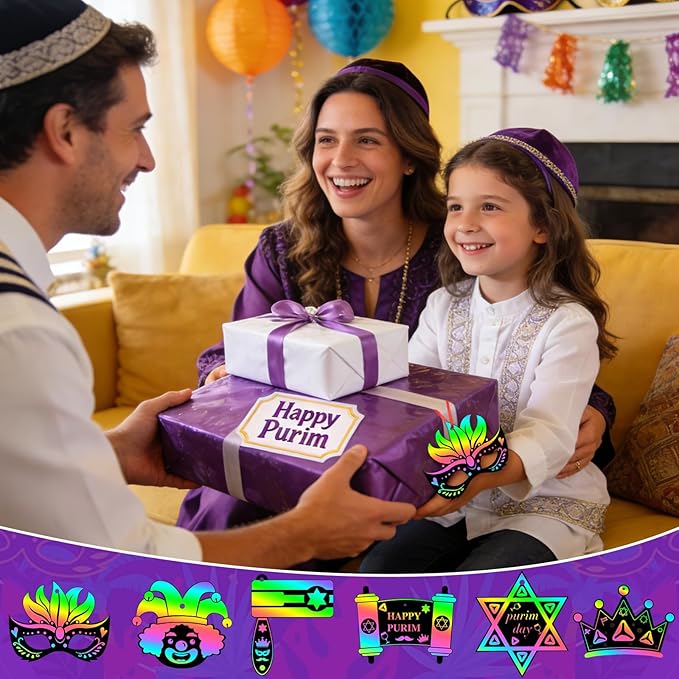 JULMELON 36PCS Purim Day Scratch Cards, Jewish Holiday Magic Color Rainbow Paper Purim Crafts for Kids DIY Art Painting Project Supplies for Purim Decorations School Classroom Activities
