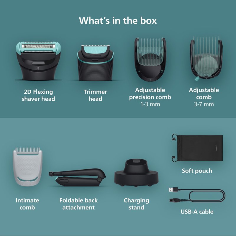 Philips Norelco Body Groomer 7000 Series, Men's Whole Body Groomer, Contour-Following 2D Flexing Head, Triple Protect Shave System & Intimate Body Hair Trimmer, 100% Showerproof, BG7480/50