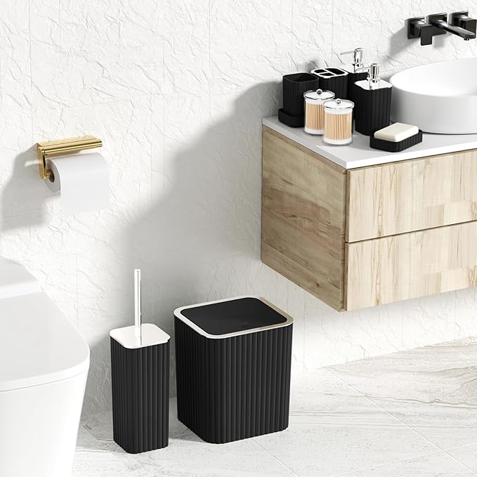 Bathroom Accessories Set - Gorgeous Bathroom Set, 10PC Black Bathroom Accessory Set, Toilet Brush, Trash Can, Qtip Holder Dispenser & Soap Dispenser