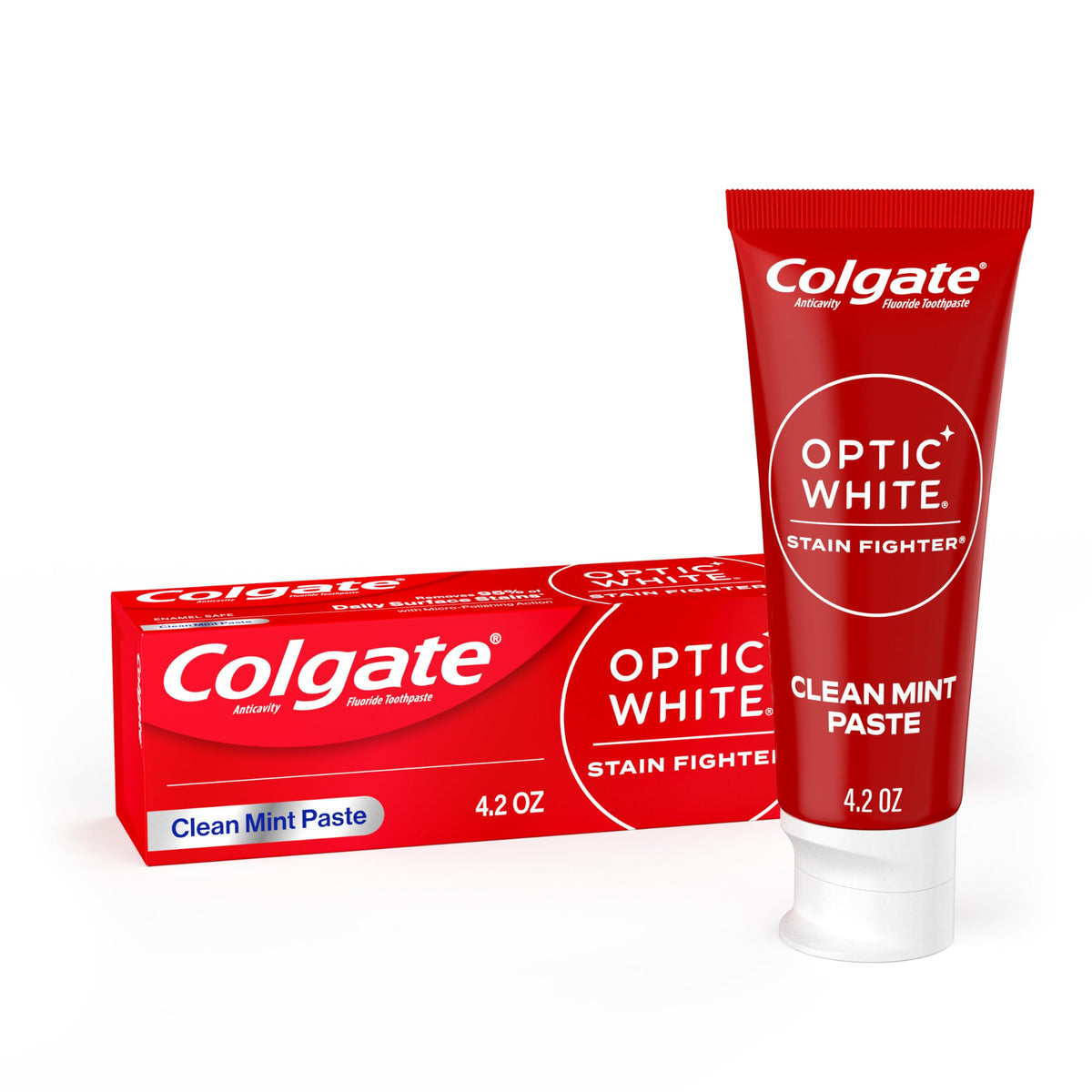 Colgate Optic White Stain Fighter Teeth Whitening Toothpaste, Anticavity Fluoride Toothpaste for Whitening Teeth, Helps Remove Daily Surface Stains, Clean Mint Paste, 4 Pack, 4.2 oz