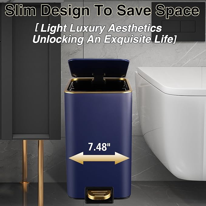Navy Blue Bathroom Accessories Set 8 Piece Navy Blue and Gold Bathroom Set, Bathroom Sets with Stainless Steel Trash Can,Toilet Brush,Toothbrush Set,Soap Dispenser