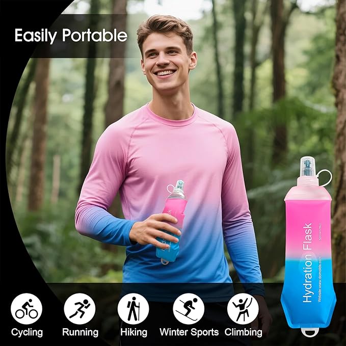 WILDREEDS 500ml Soft Flask, TPU Collapsible Soft Water Bottle for Hydration Pack, Running Vest, Folding Water Bottle for Hiking Cycling Climbing-1Pcs, Pink to Blue