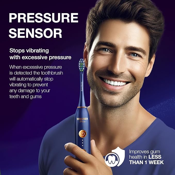 Wagner Stern WHITEN+ Edition. Whitening Electric Toothbrush with Pressure Sensor. Offers 5 Brushing Modes, 3 intensities, 8 Soft Brush Heads, and a Luxury Travel case. (Royal Blue)