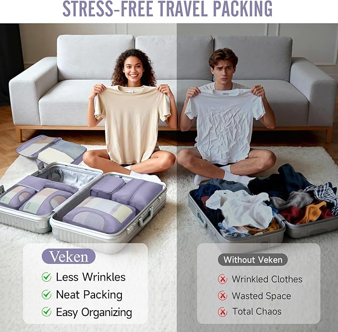 Veken 8 Set Packing Cubes for Travel Essentials, Suitcase Organizer Bags in 4 Sizes, Carry-On Luggage Accessories with Large Laundry Bag & Passport Holder, Must-Have for Airplane, Road Trip & Camping