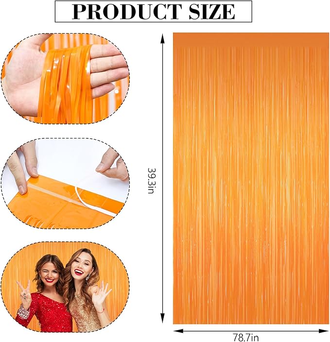 2Pack Orange Backdrop Curtains, Orange Tinsel Backdrop, Metallic Party Streamer Fringe Curtains, Foil Curtains Halloween Decor Birthday Wedding Party Decorations, Streamers for Graduations/Doorway
