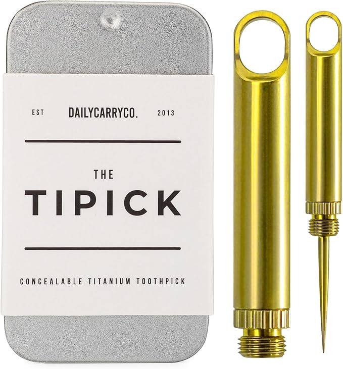 DAILYCARRYCO. TiPick Titanium Toothpick Holder - Portable Metal Travel Toothpick - Reusable EDC Micro Toothpick - Compact & Convenient - Carry On-the-Go - Titanium Construction, Gold