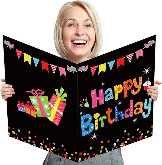 party greeting Jumbo Birthday Card Giant Guest Book Black Happy Birthday Party Decorations Supplies Gifts for Coworker Teacher Boys Girls -Large 14 x 22 inches