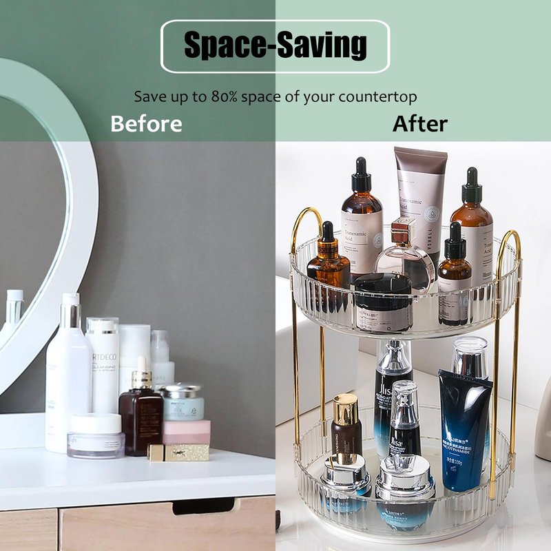 Zufudo Rotating Makeup Organizer Countertop 2 Tier Lazy Susan Trays Clear Skincare Perfume Storage for Bathroom Counter Vanity, Transparent