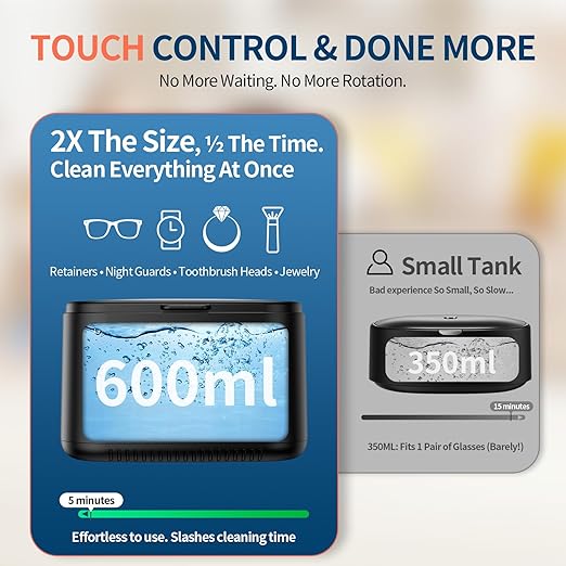 Ultrasonic Jewelry Cleaner, 47kHz Ultrasonic Retainer Cleaner Machine, 600ml Dental Cleaning Pod with 5 Modes, Dual Brush Ports and U-V Lights, Digital Timer for Eyeglasses, Rings, Watch Strap