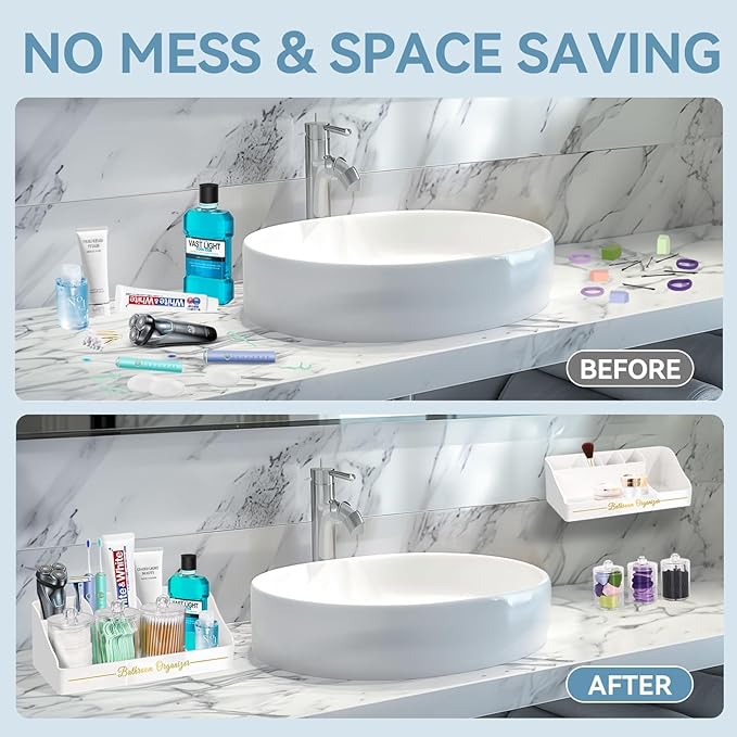 Toothbrush Holders, Toothbrush Holders for Bathroom with 6 Large Capacity Storage Slots & 3 Qtip Holders - Sturdy for Bathroom Counter Organizers and Storage Countertop - Marble White