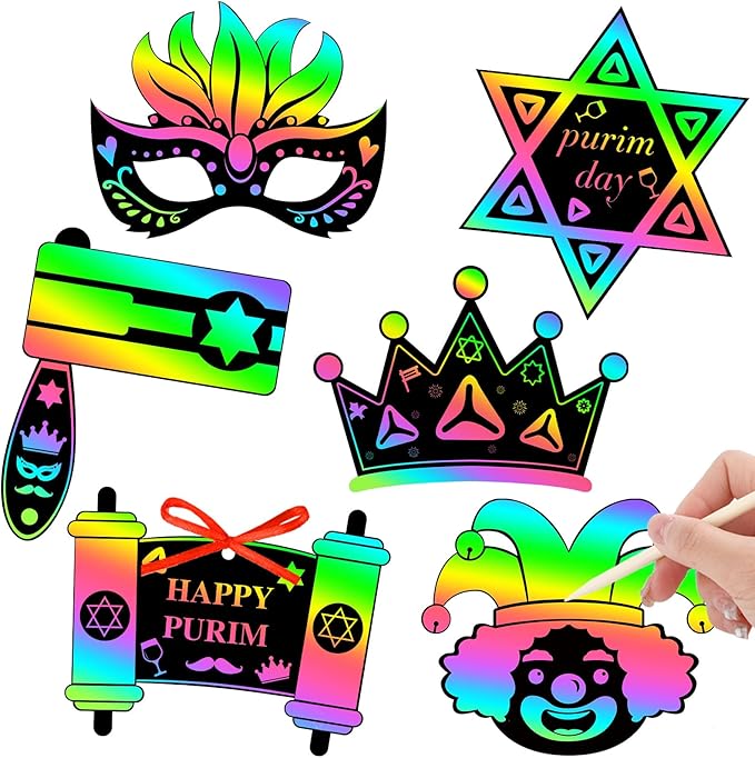 JULMELON 36PCS Purim Day Scratch Cards, Jewish Holiday Magic Color Rainbow Paper Purim Crafts for Kids DIY Art Painting Project Supplies for Purim Decorations School Classroom Activities
