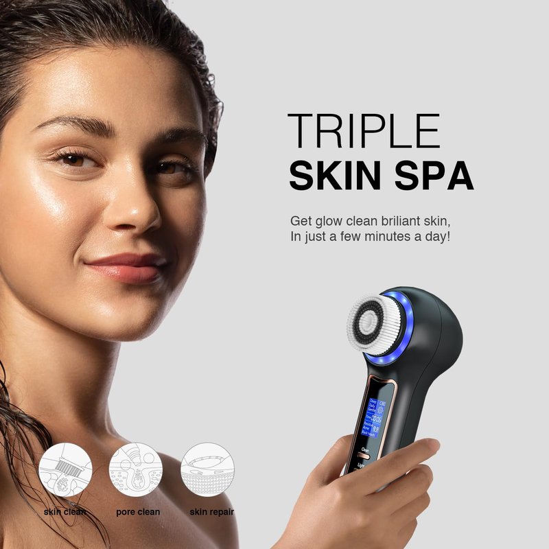 UMICKOO Face Scrubber Exfoliator,Facial Cleansing Brush Waterproof with LCD Screen,Blackhead Remover Vacuum with 5 Brush Heads,Face Spin Brush for Exfoliating (White-Blue)