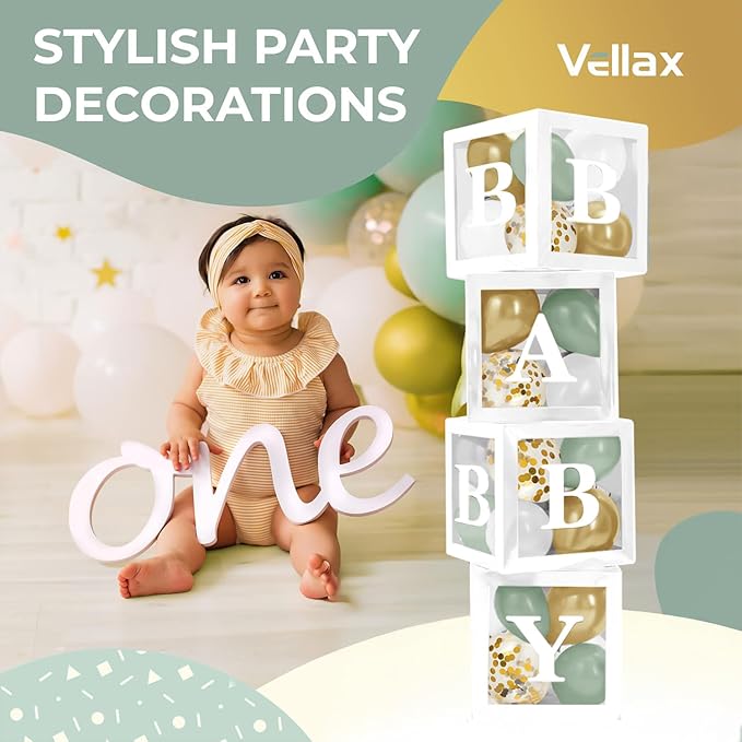 Baby Shower Boxes with Letters – White Boxes with Sage-Green, Gold, Gold Confetti, and White Balloons – 44-Piece Gender Reveal & Party Decoration Set by Vellax
