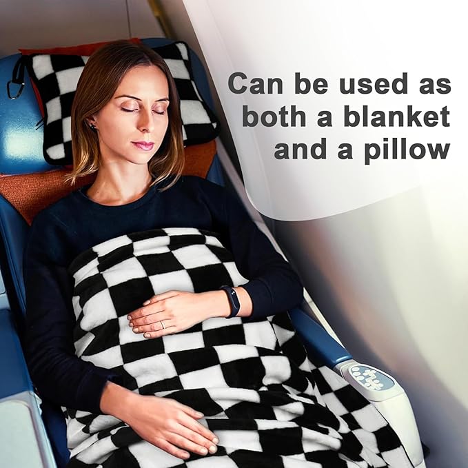Travel Blanket and Pillow Compact, Premium Soft 2 in 1 Airplane Blanket with Soft Bag Pillowcase，Hand Luggage Sleeve and Backpack Clip (Checkered Black)