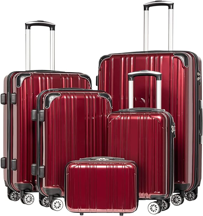 Coolife Luggage Sets, 5 Piece Durable Suitcase, Lightweight Carry on Luggage with PC+ABS Hardshell, Dual Spinner Wheels, TSA Lock and YKK Zipper (wine wind new, 5 piece set)
