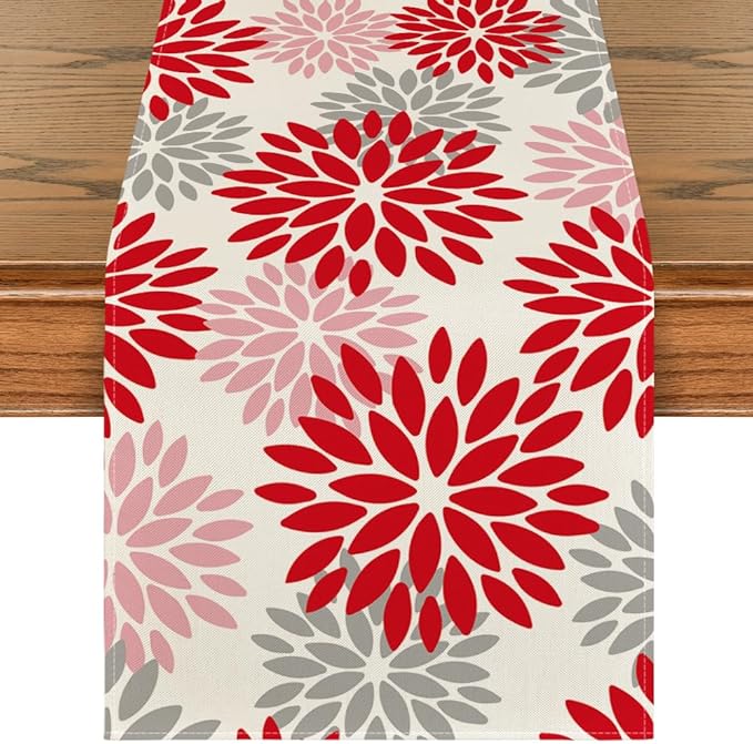 Artoid Mode Red Pink Dahlia Floral Pinnata Christmas Table Runner, Valentine Summer Kitchen Dining Table Decoration for Home Party Decor 13x90 Inch