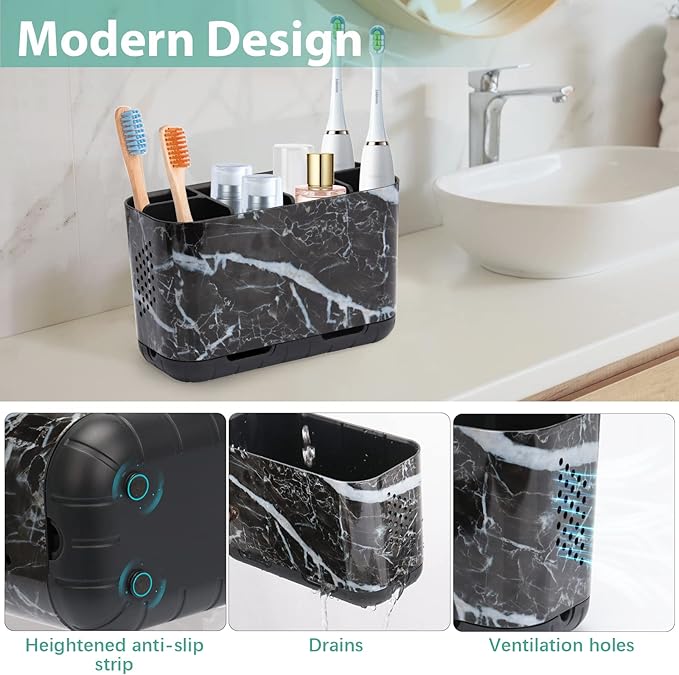 Boperzi Black Toothbrush Holder for Bathroom Toothpaste Organizer Countertop, Detachable Anti-Slip Marble Toothpaste Storage Caddy 6 Slots with Drainage Holes for Makeup Brush Razor Stand