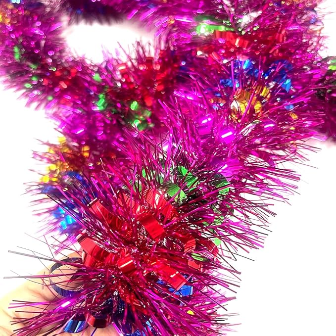 33Ft Long Tinsel Twist Garland Shiny Thick Metallic Foil Xmas Tree Decorations for Birthday Party Christmas New Year Parties Parade Floats and Other Holidays Hanging Decor Supplies-(Colours+Pink)