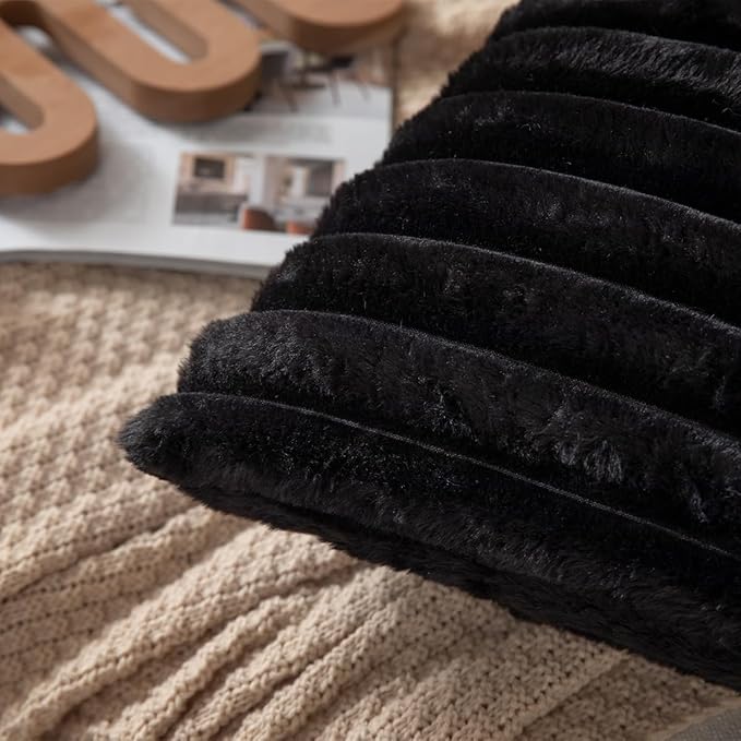 DEELAND Pack of 2,Double-Sided Faux Fur Plush Decorative Throw Pillow Covers Fuzzy Striped Soft Pillowcase Cushion Covers for Sofa Couch Bedroom Black 16x16 inch