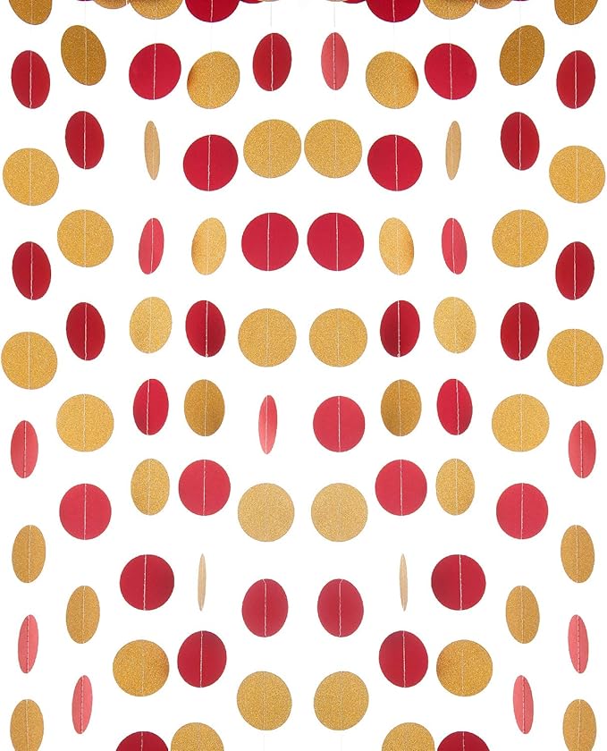 Red and Gold Glitter Paper Garland Circle Dot Party Banner Streamer Backdrop Hanging Decorations for Baby Shower Birthday Wedding Dessert Table Decoration, 2" in Diameter, 3 pcs, 30 Feet in Total