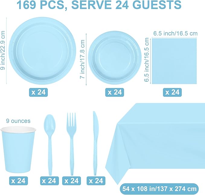 Kochorie 169 Pieces Light Blue Party Supplies Disposable Dinnerware Set Include Plates and Cups Napkins Plastic Forks Knives Spoons Tablecloth for Wedding Birthday Party Decorations, Serve 24 Guests