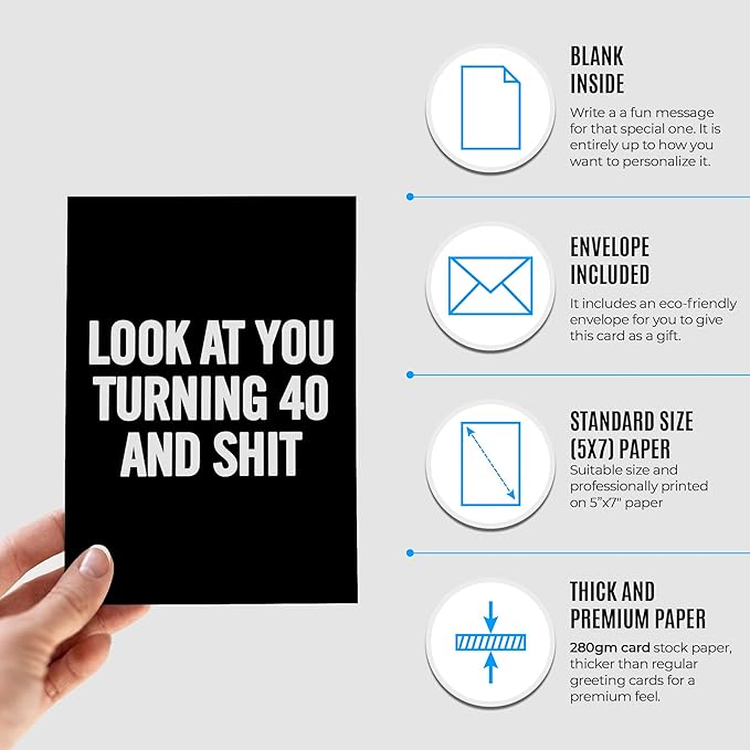 Funny 40th Birthday Card for men or women with envelope | Joke card for someone who is turning 40 years old | Original and unique present idea for family, friends or a co-worker.