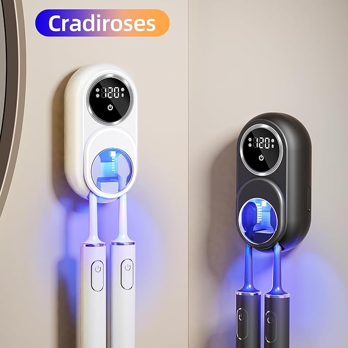 UV Toothbrush Sanitizer Holder 2 Slots (White): Wall Mount for Bathroom, Rechargeable, LED Smart Screen, Heated Fan Drying for Home/Travel