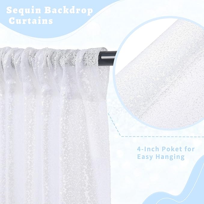 B-COOL White Sequin Backdrop Curtains 2 Packs Sparkle Backdrop White 5ftx8ft Fabric Glitter Photography Drapes for Party Baby Shower Wedding Birthday Decoration