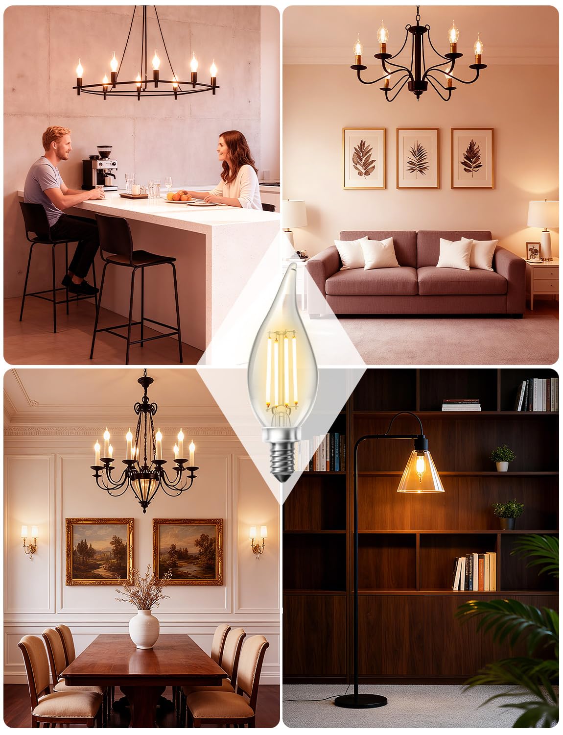 DAYBETTER Chandelier Light Bulbs, Candelabra Light Bulbs 40 Watt Equivalent E12 LED Bulb Dimmable, 2700K Soft Warm White, 4.5W 400LM, Flame Tip Vintage Candle Light Bulb, 12 Pack