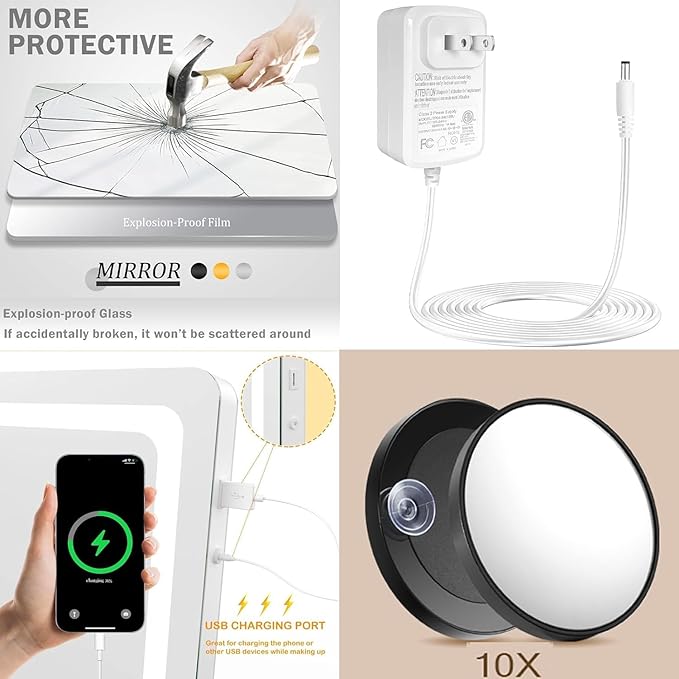 Makeup Vanity Mirror with Lights 20" L x 26" W Large LED Makeup Mirror, Light up Mirror with 10X Magnification and USB Charging Port, Dimmable 3 Modes, Touch Screen Control Square Gold
