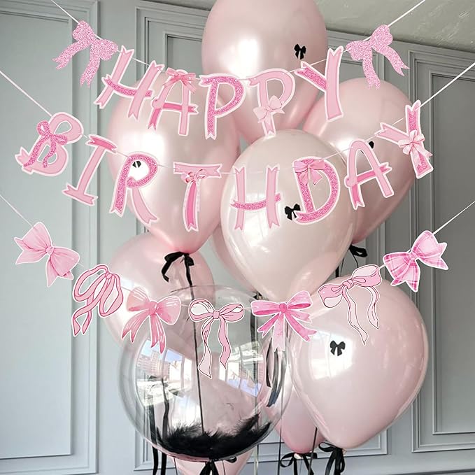 Pre-Strung Pink Bow Birthday Decorations, Pink Coquette Party Decorations, Bow Party Supplies Include Happy Birthday Banner, Bow Garland Banner for Girls