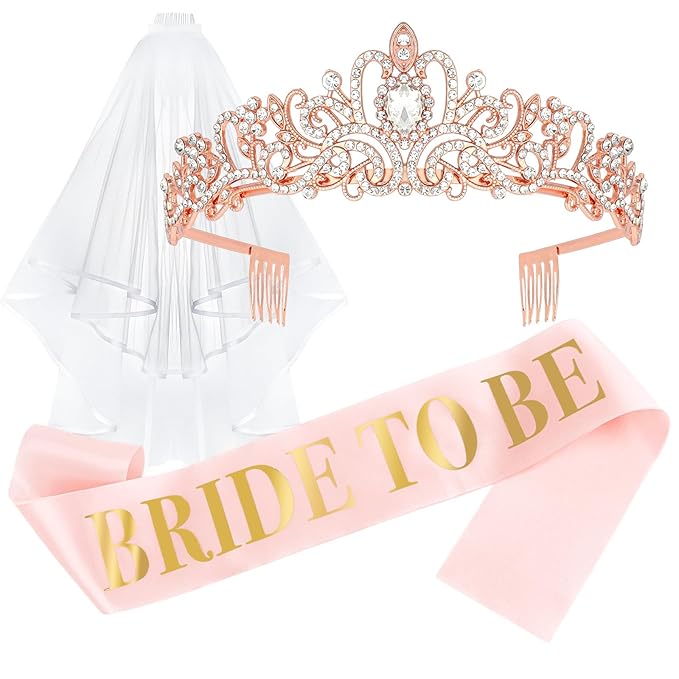 CIEHER Bachelorette Party Favors - White Veil, Bride to Be Sash & Crown for Bridal Shower Decoraions Wedding Party Gifts - Rose Gold Bridal Sash