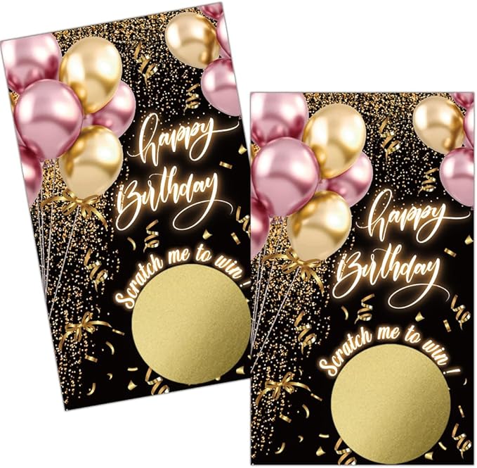 Haizct 50 Pack Black Gold Birthday Party Scratch Off, Black Gold Glitter Balloons Scratch Card for Birthday Partys Lottery Group Game Party Raffle Tickets, Bridal Shower Bachelor Game