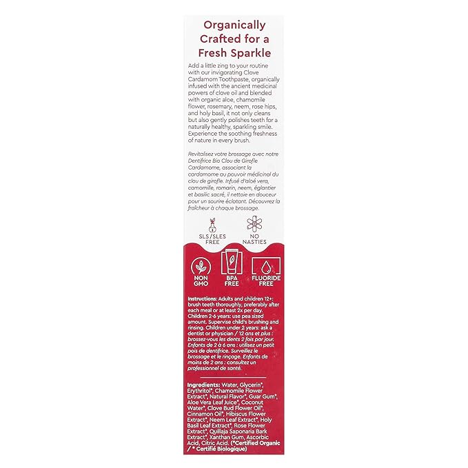 Radius USDA Organic Gel Toothpaste, Non Toxic, Designed to Improve Gum Health and Reduce the Risk Gum Disease, Red, Clove Cardamom, 3 Ounce